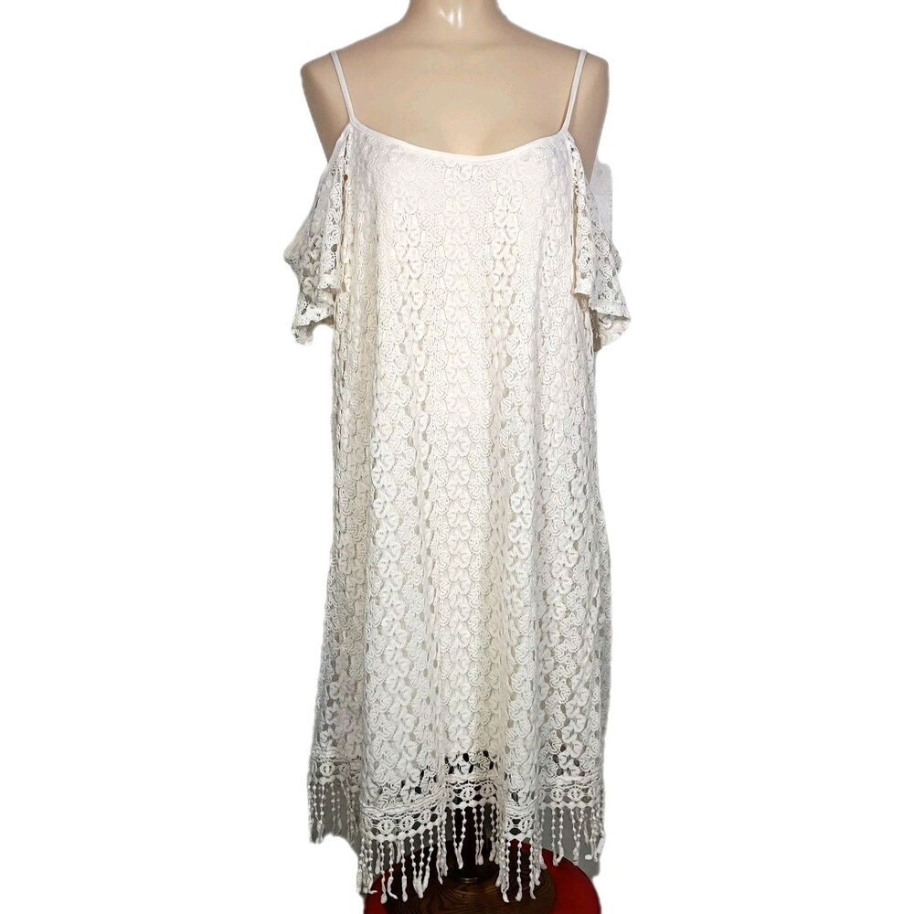 Ivory Crochet Overlay Mini Dress Women's L Off the Shoulder Fringe Hem Boho